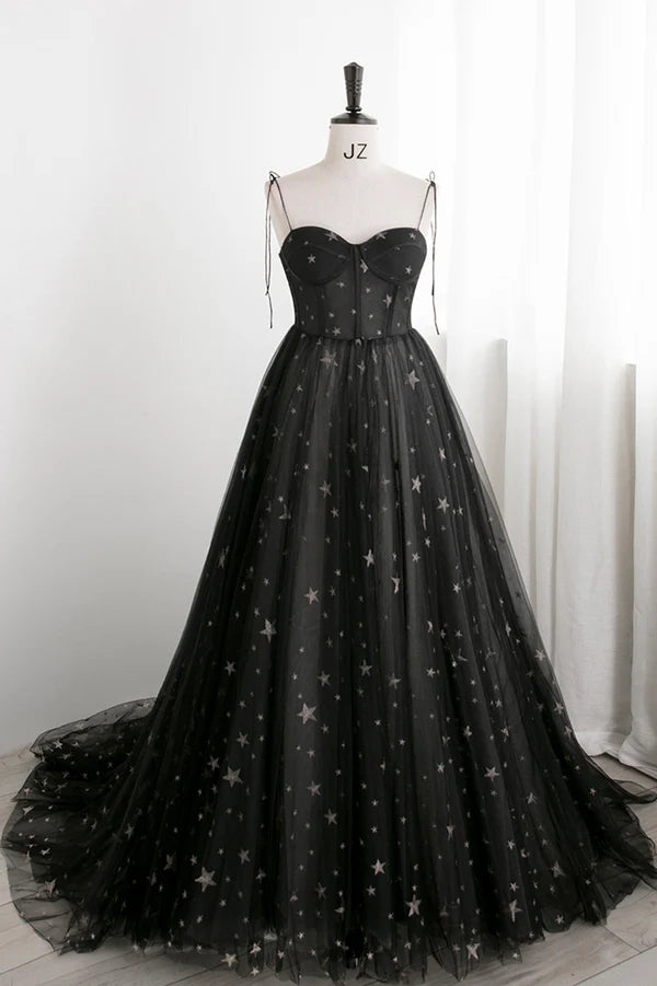 Black Tulle Long Prom Dress with Stars Cute Spaghetti Straps Graduation Dress